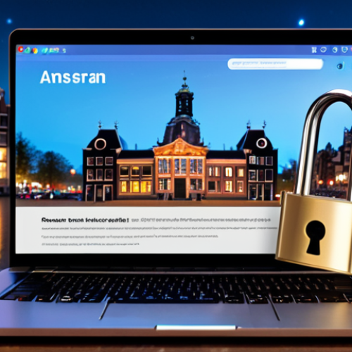 Home 4 **
A modern laptop displaying a website address bar with a padlock icon (HTTPS). In the foreground, a stylized, translucent "digital safe" overlays the screen, symbolizing secure online transactions. The background features a blurred cityscape of Amsterdam at night.
**